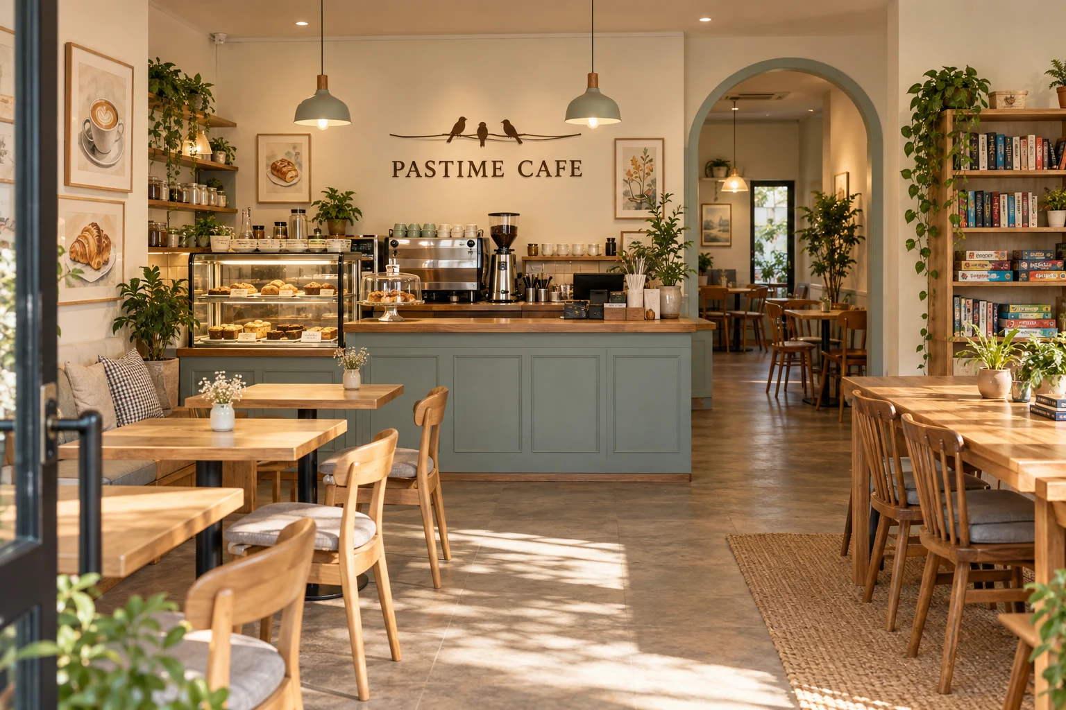 Pastime Cafe interior design concept with three birds above the counter, timber tables and soft blue cabinets